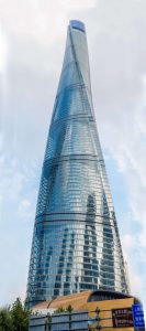 The Shanghai Tower against a blue sky (Panoramic)